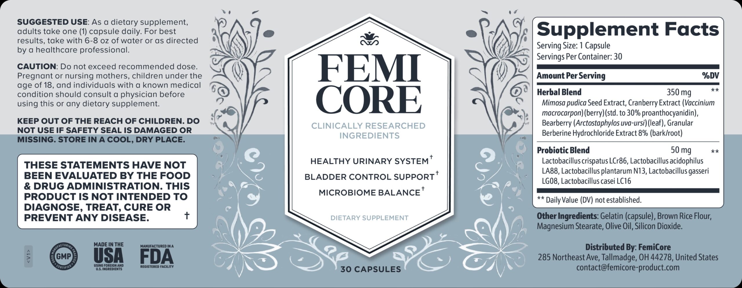 FemiCore supplement facts label