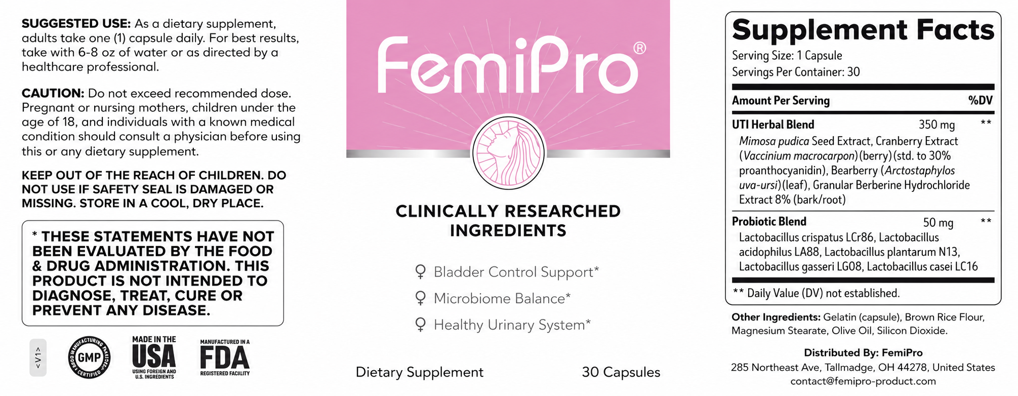 FemiPro Supplement Facts Label