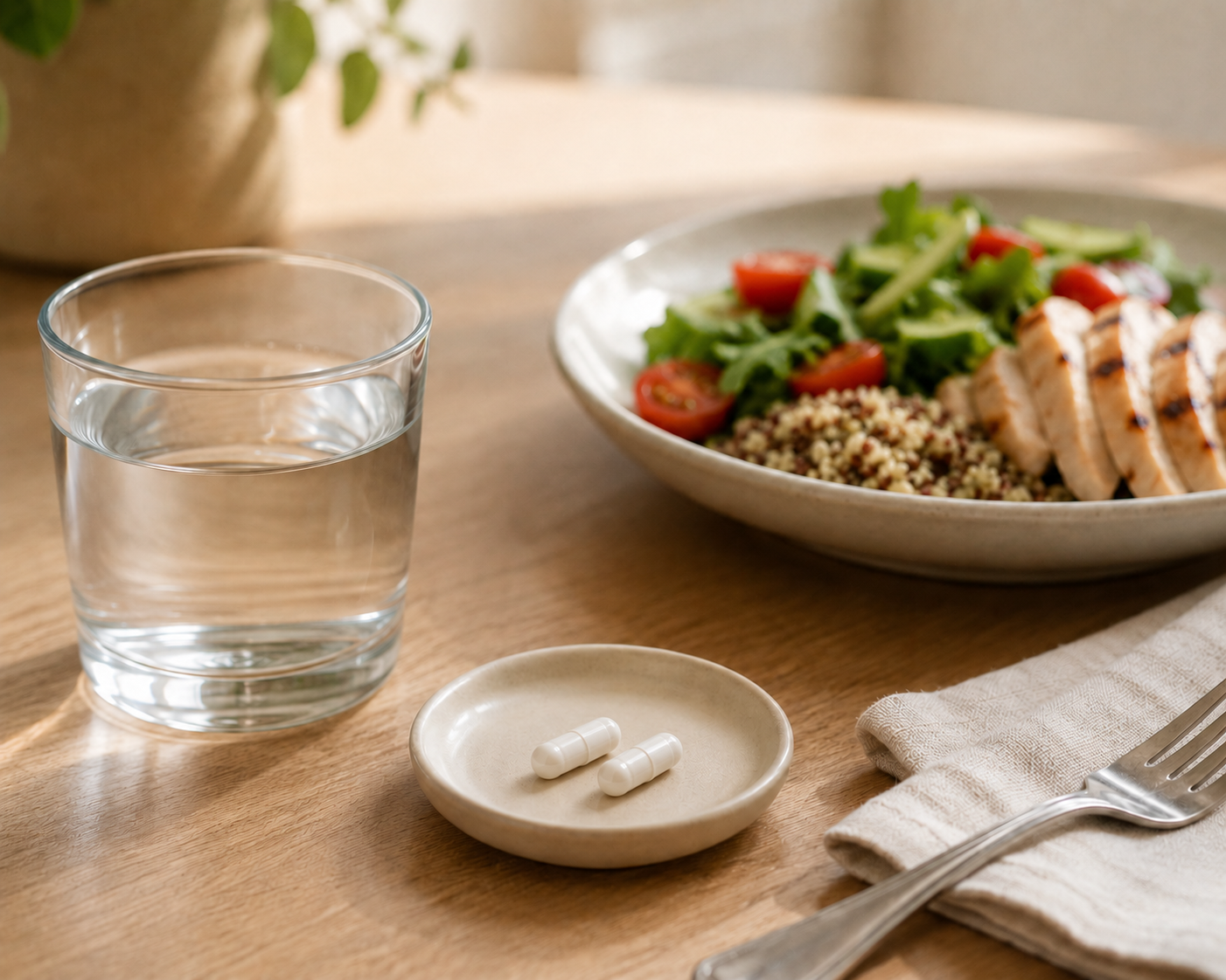 Adult taking ColonBroom GLP-1 Booster capsules with a meal as part of a daily routine